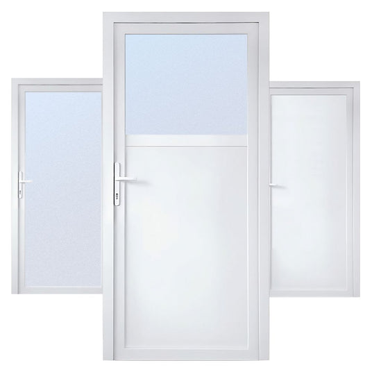 Nebeneingangstür dreiviertel-verglast, Ganzverglast und mit Komplettfüllung dargestellt.