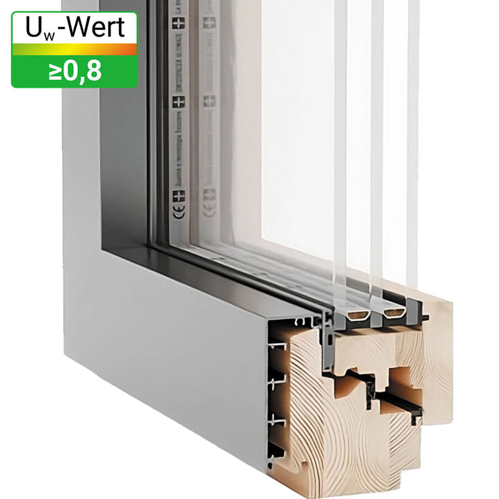 Close-Up vom Esperia Life 74 ALU Holz-Alu-Profil. Uw-Wert: 0,8