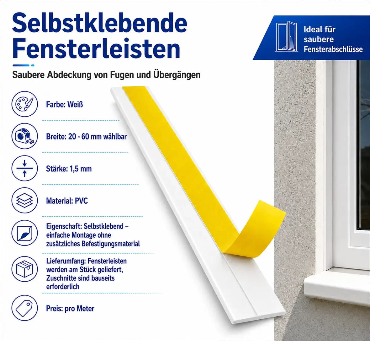 Selbstklebende Fensterleiste Weiß 20-60 mm – PVC, Preis pro Meter - Fensterfabrik24