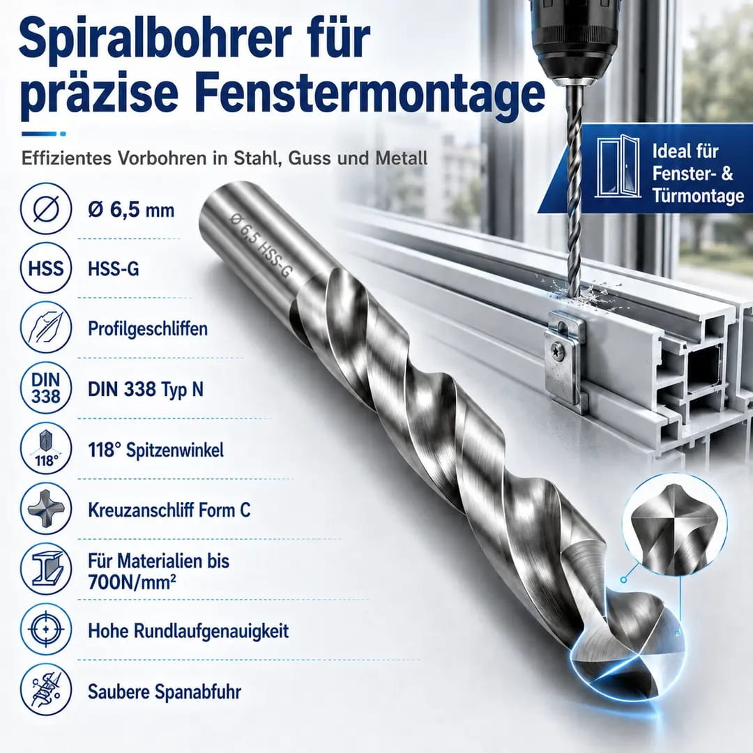 Spiralbohrer 6,5 mm HSS-G profilgeschliffen - Fensterfabrik24